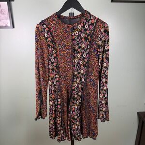 Zara Cottagecore Womens Floral Patchwork Lettuce Trim Mini Dress Multicolor